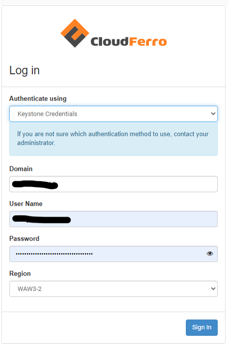 Horizon dashboard login screen